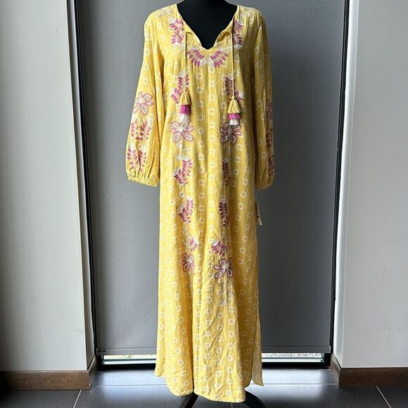 NWT Charter Club 100% Cotton Maxi Kaftan Swim Coverup Dress Yellow Pink White XS - Picture 2 of 15